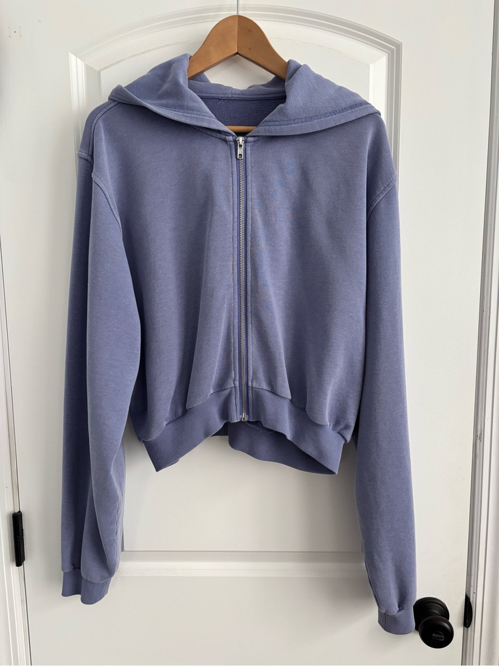 Alo Yoga Washed Sweet Escape Zip-Up Hoodie in the shade Lilac Blue Wash